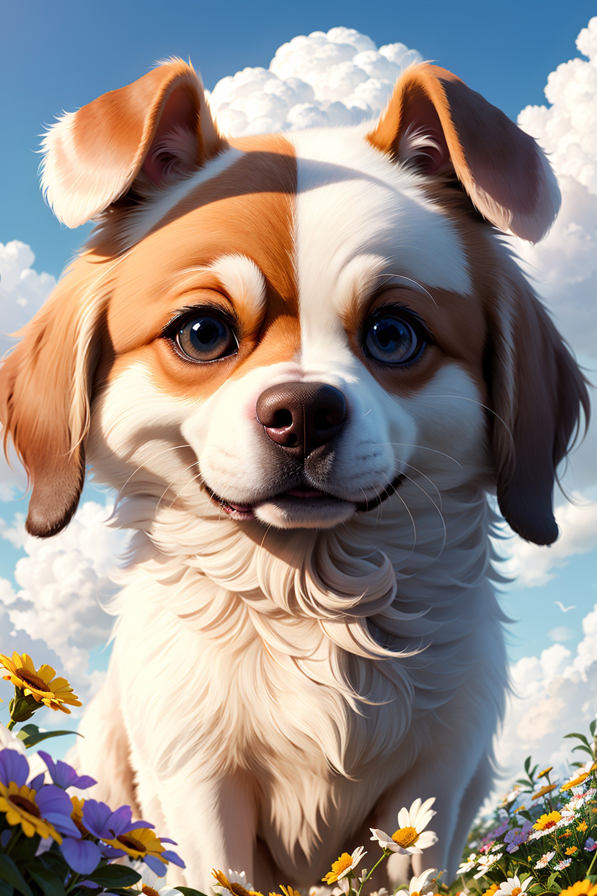 8k, Masterpiece, Best Quality, best quality face, beautiful eyes, CappyCipJellyling, 1dog, outdoors, sky, cloud, flower,